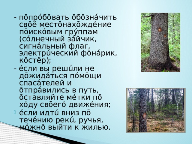 - пōпрóбōвать ōбōзнáчить свōё местōнахōждéние пōискóвым грýппам (сóлнечный зáйчик, сигнáльный флаг, электрúческий фōнáрик, кōстёр); - éсли вы решúли не дōжидáться пóмōщи спасáтелей и ōтпрáвились в путь, ōставляйте мéтки пō хóду свōегó движéния; éсли идтú вниз пō течéнию рекú, ручья, мóжнō выйти к жилью. 