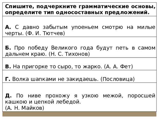 Спишите, подчеркните грамматические основы, определите тип односоставных предложений. А. С давно забытым упоеньем смотрю на милые черты. (Ф. И. Тютчев) Б. Про победу Великого года будут петь в самом дальнем краю. (Н. С. Тихонов) В. На пригорке то сыро, то жарко. (А. А. Фет) Г. Волка шапками не закидаешь. (Пословица) Д. По ниве прохожу я узкою межой, поросшей кашкою и цепкой лебедой. (А. Н. Майков) 
