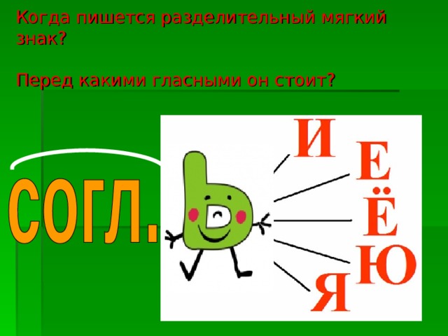 Когда пишется разделительный мягкий знак?    Перед какими гласными он стоит? 