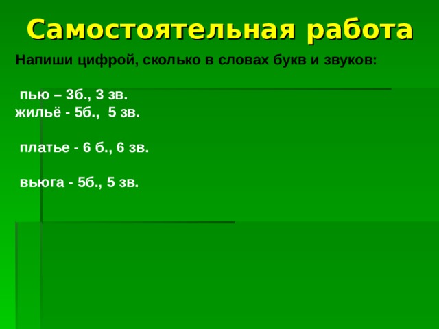 Самостоятельная  работа  Напиши цифрой, сколько в словах букв и звуков:   пью – 3б., 3 зв. жильё - 5б., 5 зв.   платье - 6 б., 6 зв.   вьюга - 5б., 5 зв. 
