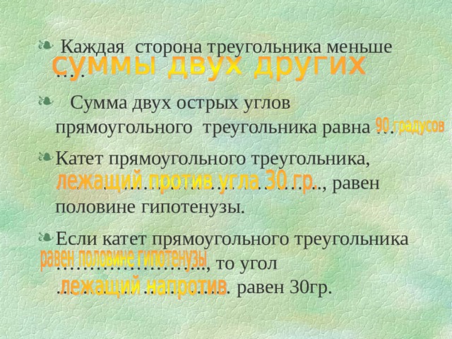  Каждая сторона треугольника меньше … .  Сумма двух острых углов прямоугольного треугольника равна … Катет прямоугольного треугольника, …………………………………., равен половине гипотенузы. Если катет прямоугольного треугольника ………………….., то угол ……………………... равен 30гр. 