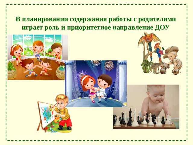 В планировании содержания работы с родителями играет роль и приоритетное направление ДОУ 