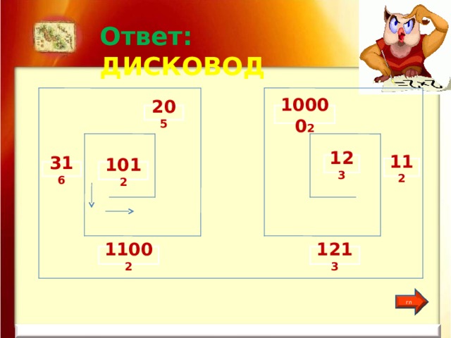 Ответ: ДИСКОВОД 20 5 10000 2 12 3 11 2 101 2 31 6 1100 2 121 3 гл 