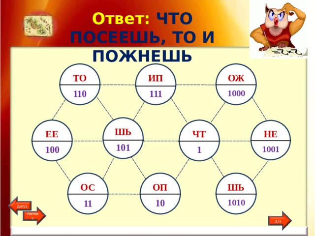 Ответ: ЧТО ПОСЕЕШЬ, ТО И ПОЖНЕШЬ ТО ИП ОЖ  110  111  1000 ШЬ  101 ЕЕ ЧТ  100  1 НЕ  1001 ОС ОП ШЬ  11  10  1010 Доп/з лаплас д/з 