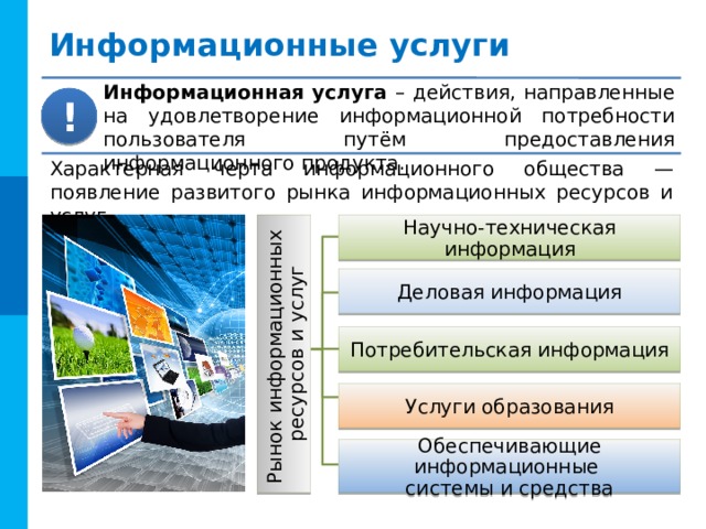 Рынок информационных  ресурсов и услуг Информационные услуги Информационная услуга –  действия, направленные на удовлетворение информационной потребности пользователя путём предоставления информационного продукта. ! Характерная черта информационного общества — появление развитого рынка информационных ресурсов и услуг Научно-техническая информация Деловая информация Потребительская информация Услуги образования Обеспечивающие информационные  системы и средства 