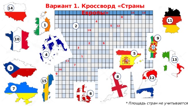 Вариант 1. Кроссворд «Страны Европы»  14                                                                                                                                                                                             10     4                     11       14         9 3                                           2                                                       1   7                       5                                       8               6       12                                                   15                                                                                                                         13                                                                                                                                                                                                                                                                                                                                                                                                                                                                                              11 1 2 9  10 5 4  13 3 8  12  15 7 6 * Площадь стран не учитывается 
