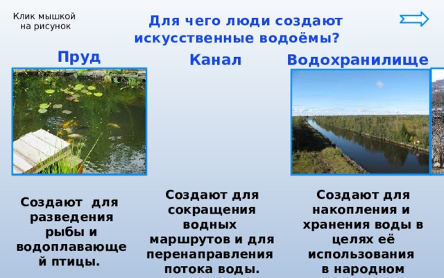  Для чего люди создают искусственные водоёмы? Клик мышкой на рисунок Пруд Водохранилище Канал Создают для сокращения водных Создают для накопления и маршрутов и для перенаправления хранения воды в целях её использования потока воды. в народном хозяйстве. Создают для разведения рыбы и водоплавающей птицы. 