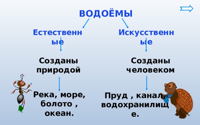  ВОДОЁМЫ Естественные Искусственные Созданы природой Созданы человеком Река, море, болото , океан. Пруд , канал, водохранилище. 