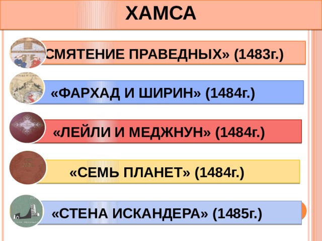 ХАМСА « СМЯТЕНИЕ ПРАВЕДНЫХ» (1483г.) «ФАРХАД И ШИРИН» (1484г.) «ЛЕЙЛИ И МЕДЖНУН» (1484г.) «СЕМЬ ПЛАНЕТ» (1484г.) «СТЕНА ИСКАНДЕРА» (1485г.) 