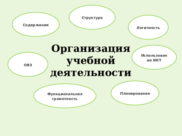 Структура Содержание Логичность Организация  учебной  деятельности Использование ИКТ ОВЗ Планирование Функциональная грамотность 