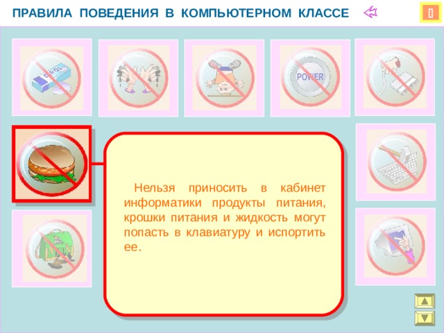 ПРАВИЛА ПОВЕДЕНИЯ В КОМПЬЮТЕРНОМ КЛАССЕ    Нельзя приносить в кабинет информатики продукты питания, крошки питания и жидкость могут попасть в клавиатуру и испортить ее.  