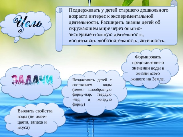 Поддерживать у детей старшего дошкольного возраста интерес к экспериментальной деятельности. Расширить знания детей об окружающем мире через опытно-экспериментальную деятельность, воспитывать любознательность, активность. Формировать представление о значении воды в жизни всего живого на Земле. Познакомить детей с состоянием воды (имеет газообразную форму-пар, твердую -лед, и жидкую форму) : Выявить свойства воды (не имеет цвета, запаха и вкуса) 