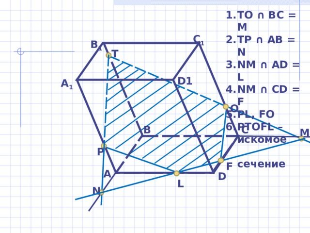 TO ∩ BC = M TP ∩ AB = N NM ∩ AD = L NM ∩ CD = F PL, FO PTOFL – искомое сечение  С 1 В 1 T D1 А 1 O C B M P F A D L N 