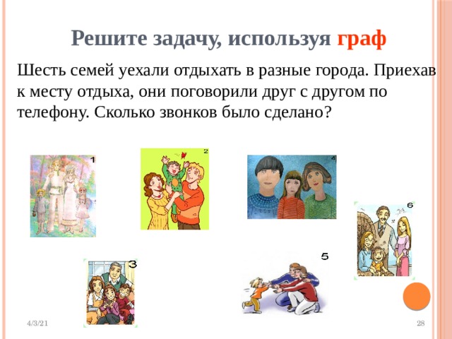  Решите задачу, используя граф Шесть семей уехали отдыхать в разные города. Приехав к месту отдыха, они поговорили друг с другом по телефону. Сколько звонков было сделано? 