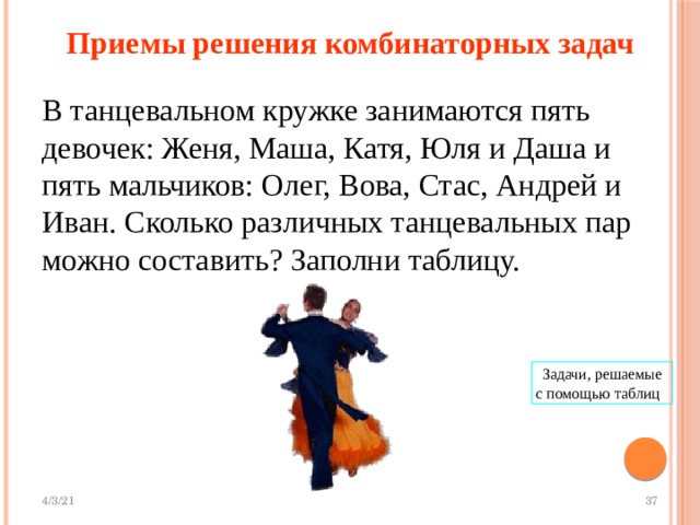  Приемы решения комбинаторных задач В танцевальном кружке занимаются пять девочек: Женя, Маша, Катя, Юля и Даша и  пять мальчиков: Олег, Вова, Стас, Андрей и Иван. Сколько различных танцевальных пар можно составить? Заполни таблицу. Задачи, решаемые с помощью таблиц  