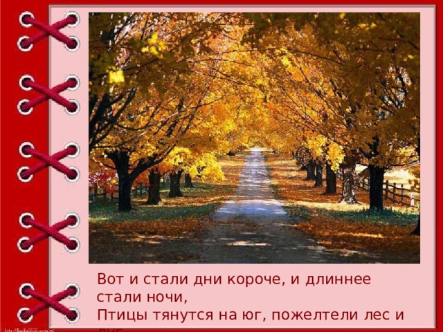Вот и стали дни короче, и длиннее стали ночи, Птицы тянутся на юг, пожелтели лес и луг. 