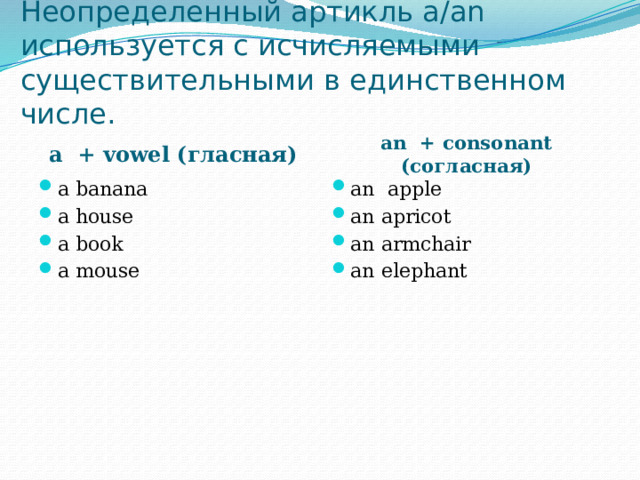 Неопределенный артикль a/an используется с исчисляемыми существительными в единственном числе. a + vowel (гласная) an + consonant (согласная) a banana a house a book a mouse an apple an apricot an armchair an elephant 