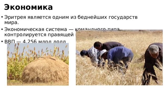 Экономика Эритрея является одним из беднейших государств мира. Экономическая система — командного типа, контролируется правящей партией. ВВП — 4,256 млрд долл 