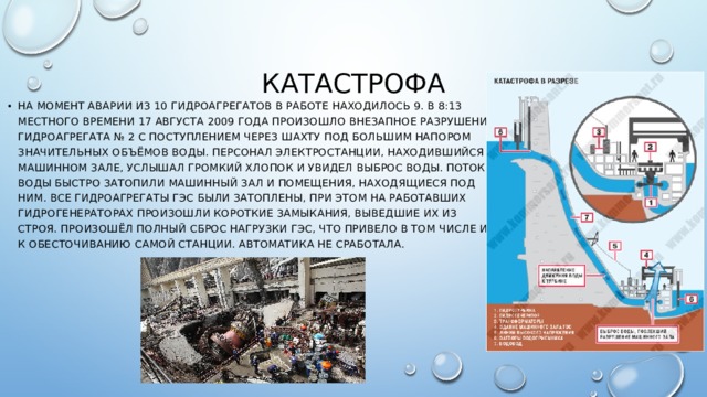 Катастрофа На момент аварии из 10 гидроагрегатов в работе находилось 9. В 8:13 местного времени 17 августа 2009 года произошло внезапное разрушение гидроагрегата № 2 с поступлением через шахту под большим напором значительных объёмов воды. Персонал электростанции, находившийся в машинном зале, услышал громкий хлопок и увидел выброс воды. Потоки воды быстро затопили машинный зал и помещения, находящиеся под ним. Все гидроагрегаты ГЭС были затоплены, при этом на работавших гидрогенераторах произошли короткие замыкания, выведшие их из строя. Произошёл полный сброс нагрузки ГЭС, что привело в том числе и к обесточиванию самой станции. Автоматика не сработала. 