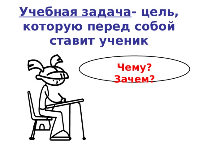  Учебная задача - цель, которую перед собой ставит ученик Чему? Зачем? 