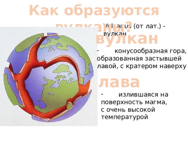 Как образуются вулканы? Vulcanus (от лат.) - вулкан вулкан конусообразная гора, образованная застывшей лавой, с кратером наверху лава излившаяся на поверхность магма, с очень высокой температурой 