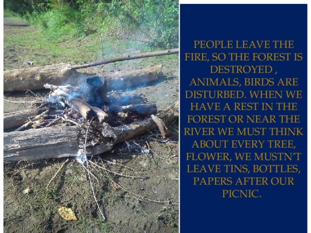 People leave the fire, so the forest is destroyed , animals, birds are disturbed. When we have a rest in the forest or near the river we must think about every tree, flower, we mustn’t leave tins, bottles, papers after our picnic . 