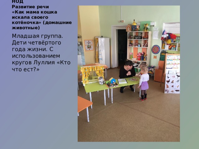 НОД  Развитие речи  «Как мама кошка искала своего котёночка» (домашние животные) Младшая группа. Дети четвёртого года жизни. С использованием кругов Луллия «Кто что ест?» 