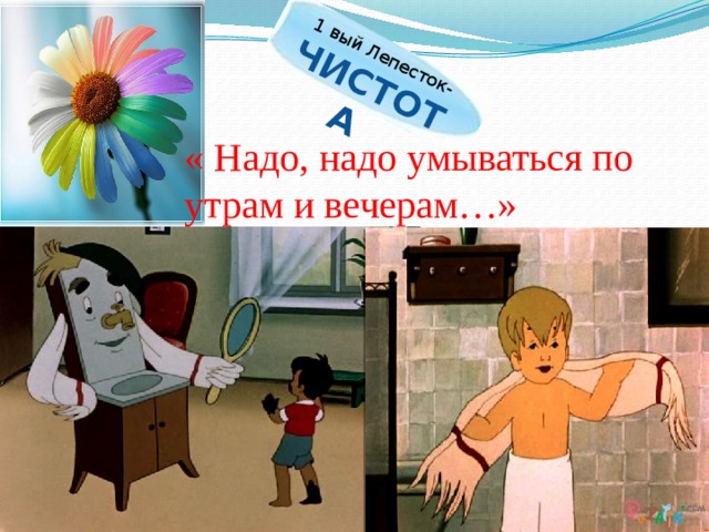 1 вый Лепесток- ЧИСТОТА  « Надо, надо умываться по утрам и вечерам…» 