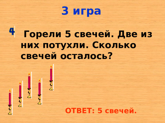 3 игра  Горели 5 свечей. Две из них потухли. Сколько свечей осталось? ОТВЕТ: 5 свечей. 