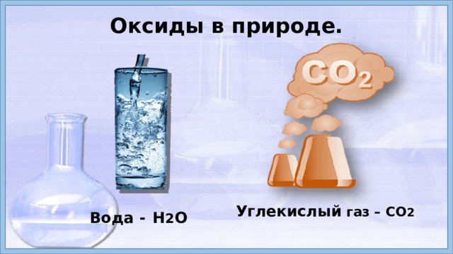 Оксиды в природе.              Углекислый газ – CO 2 Вода -  Н 2 О  