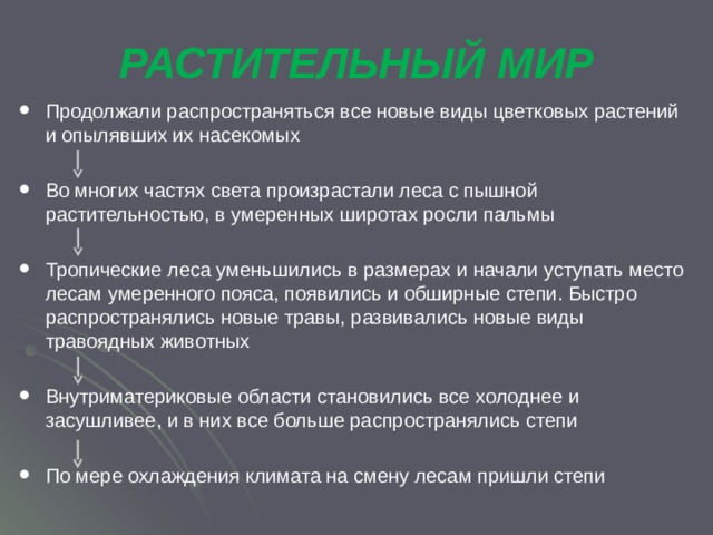 РАСТИТЕЛЬНЫЙ МИР Продолжали распространяться все новые виды цветковых растений и опылявших их насекомых Во многих частях света произрастали леса с пышной растительностью, в умеренных широтах росли пальмы Тропические леса уменьшились в размерах и начали уступать место лесам умеренного пояса, появились и обширные степи. Быстро распространялись новые травы, развивались новые виды травоядных животных Внутриматериковые области становились все холоднее и засушливее, и в них все больше распространялись степи По мере охлаждения климата на смену лесам пришли степи 