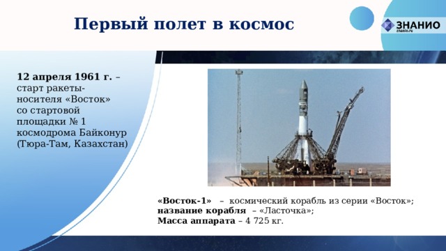 Первый полет в космос 12 апреля 1961 г. – старт ракеты-носителя «Восток» со стартовой площадки № 1 космодрома Байконур (Тюра-Там, Казахстан) «Восток-1»     –   космический корабль из серии «Восток»; название корабля – «Ласточка»; Масса аппарата – 4 725 кг. 