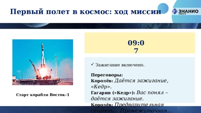 Первый полет в космос: ход миссии 09:07 Зажигание включено. Переговоры: Королёв:   Даётся зажигание, «Кедр». Гагарин («Кедр»):   Вас понял – даётся зажигание. Королёв:   Предварительная ступень… Промежуточная… Главная… Подъём!   Старт корабля Восток-1 