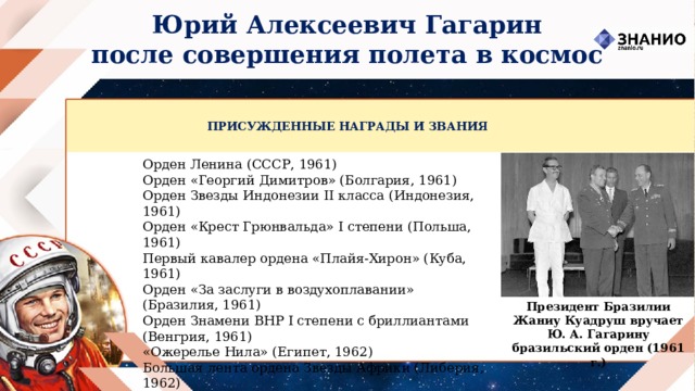 Юрий Алексеевич Гагарин после совершения полета в космос ПРИСУЖДЕННЫЕ НАГРАДЫ И ЗВАНИЯ Орден Ленина (СССР, 1961) Орден «Георгий Димитров» (Болгария, 1961) Орден Звезды Индонезии II класса (Индонезия, 1961) Орден «Крест Грюнвальда» I степени (Польша, 1961) Первый кавалер ордена «Плайя-Хирон» (Куба, 1961) Орден «За заслуги в воздухоплавании» (Бразилия, 1961) Орден Знамени ВНР I степени с бриллиантами (Венгрия, 1961) «Ожерелье Нила» (Египет, 1962) Большая лента ордена Звезды Африки (Либерия, 1962) Орден Карла Маркса (ГДР, 1963) Президент Бразилии Жаниу Куадруш вручает Ю. А. Гагарину бразильский орден (1961 г.) 