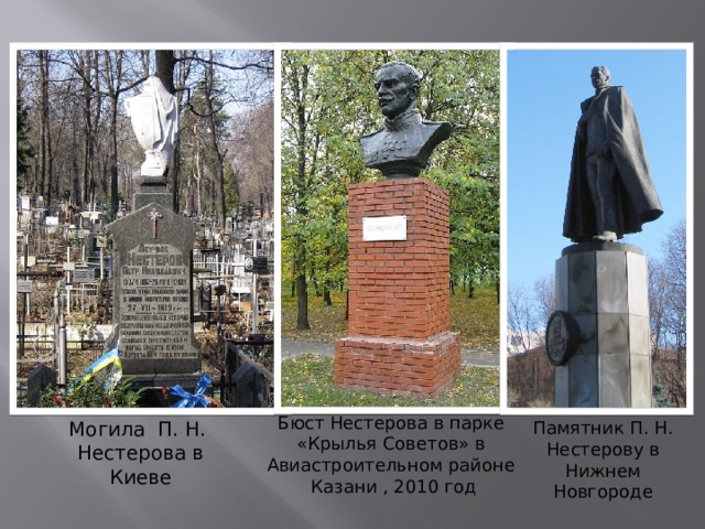 Бюст Нестерова в парке «Крылья Советов» в Авиастроительном районе  Казани , 2010 год Могила П. Н. Памятник П. Н. Нестерову в Нижнем Новгороде Нестерова в Киеве 