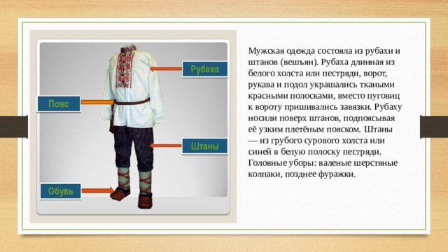 Мужская одежда состояла из рубахи и штанов (вешъян). Рубаха длинная из белого холста или пестряди, ворот, рукава и подол украшались ткаными красными полосками, вместо пуговиц к вороту пришивались завязки. Рубаху носили поверх штанов, подпоясывая её узким плетёным пояском. Штаны — из грубого сурового холста или синей в белую полоску пестряди. Головные уборы: валеные шерстяные колпаки, позднее фуражки. 