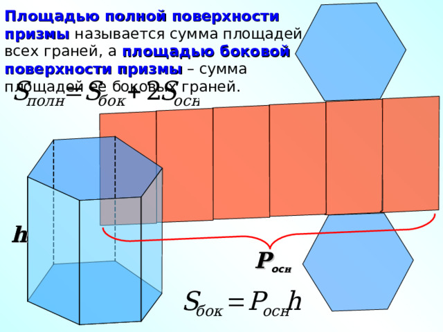 Площадью полной поверхности призмы называется сумма площадей всех граней, а площадью боковой поверхности призмы – сумма площадей ее боковых граней. h h P oc н 