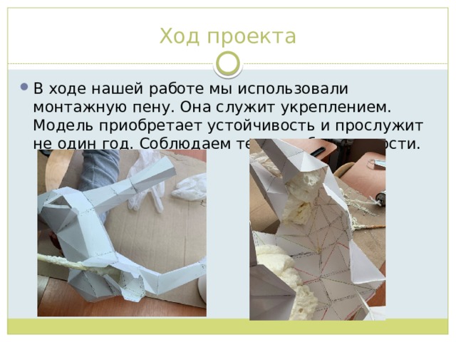 Ход проекта В ходе нашей работе мы использовали монтажную пену. Она служит укреплением. Модель приобретает устойчивость и прослужит не один год. Соблюдаем технику безопасности. 