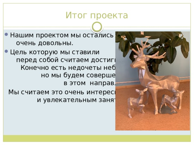 Итог проекта Нашим проектом мы остались очень довольны. Цель которую мы ставили перед собой считаем достигнутой. Конечно есть недочеты небольшие, но мы будем совершенствоваться в этом направлении.  Мы считаем это очень интересным и увлекательным занятием! 