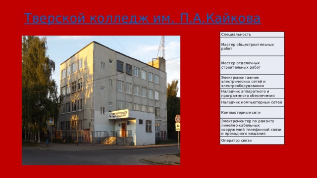 Тверской колледж им. П.А.Кайкова Специальность Мастер общестроительных работ Мастер отделочных строительных работ Электромонтажник электрических сетей и электрооборудования Наладчик аппаратного и программного обеспечения Наладчик компьютерных сетей Компьютерные сети Электромонтер по ремонту линейно-кабельных сооружений телефонной связи и проводного вещания Оператор связи 