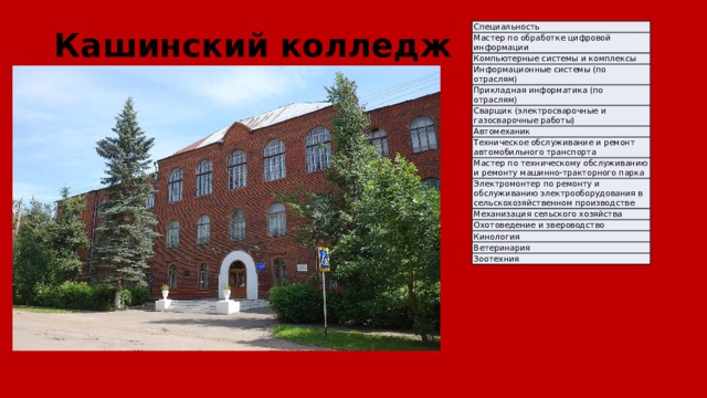 Кашинский колледж Специальность Мастер по обработке цифровой информации Компьютерные системы и комплексы Информационные системы (по отраслям) Прикладная информатика (по отраслям) Сварщик (электросварочные и газосварочные работы) Автомеханик Техническое обслуживание и ремонт автомобильного транспорта Мастер по техническому обслуживанию и ремонту машинно-тракторного парка Электромонтер по ремонту и обслуживанию электрооборудования в сельскохозяйственном производстве Механизация сельского хозяйства Охотоведение и звероводство Кинология Ветеринария Зоотехния 
