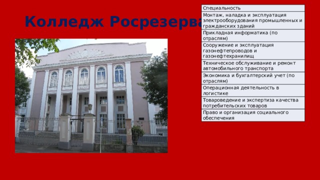 Специальность Монтаж, наладка и эксплуатация электрооборудования промышленных и гражданских зданий Прикладная информатика (по отраслям) Сооружение и эксплуатация газонефтепроводов и газонефтехранилищ Техническое обслуживание и ремонт автомобильного транспорта Экономика и бухгалтерский учет (по отраслям) Операционная деятельность в логистике Товароведение и экспертиза качества потребительских товаров Право и организация социального обеспечения Колледж Росрезерва 