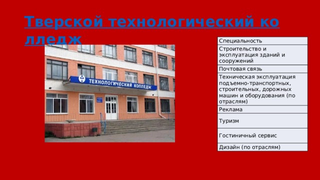 Тверской технологический колледж Специальность Строительство и эксплуатация зданий и сооружений Почтовая связь Техническая эксплуатация подъемно-транспортных, строительных, дорожных машин и оборудования (по отраслям) Реклама Туризм Гостиничный сервис Дизайн (по отраслям) 