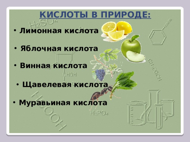 Кислоты в природе: Лимонная кислота Яблочная кислота Винная кислота Щавелевая кислота Муравьиная кислота 