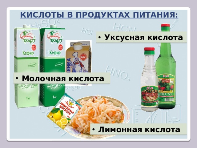 Кислоты в продуктах питания: Уксусная кислота Молочная кислота Лимонная кислота 