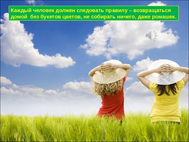 Каждый человек должен следовать правилу – возвращаться домой без букетов цветов, не собирать ничего, даже ромашек. 