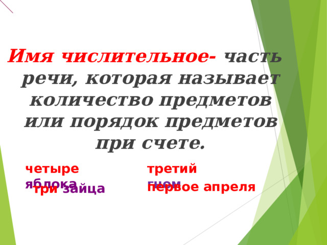 Имя числительное- часть речи, которая называет количество предметов или порядок предметов при счете. четыре  яблока третий гном первое апреля три зайца 