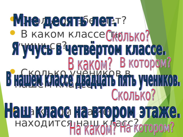  Сколько тебе лет?  В каком классе ты учишься?  Сколько учеников в нашем классе?  На каком этаже находится наш класс?  