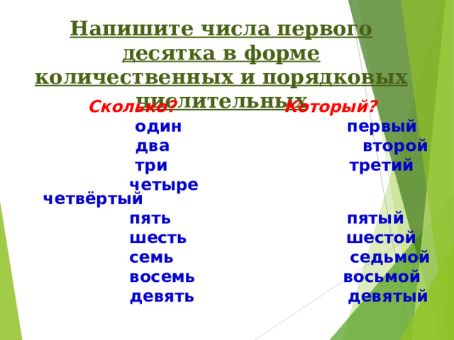 Напишите числа первого десятка в форме количественных и порядковых числительных Сколько? Который?  один первый  два  второй  три третий  четыре четвёртый  пять пятый  шесть шестой  семь седьмой  восемь восьмой  девять девятый 