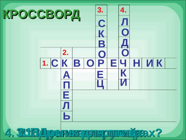 КРОССВОРД 1. 3. 2. 4. Л С О К Д В О О  С К В О Р Е Ч Н И К К Е А И Ц П Е Л Ь 1. Домик для птиц 3. Перелетная птица 2. Весенняя примета 4. Что пускают в ручейках? 